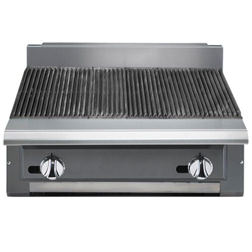 A close-up of a Vulcan stainless steel radiant gas charbroiler grill.