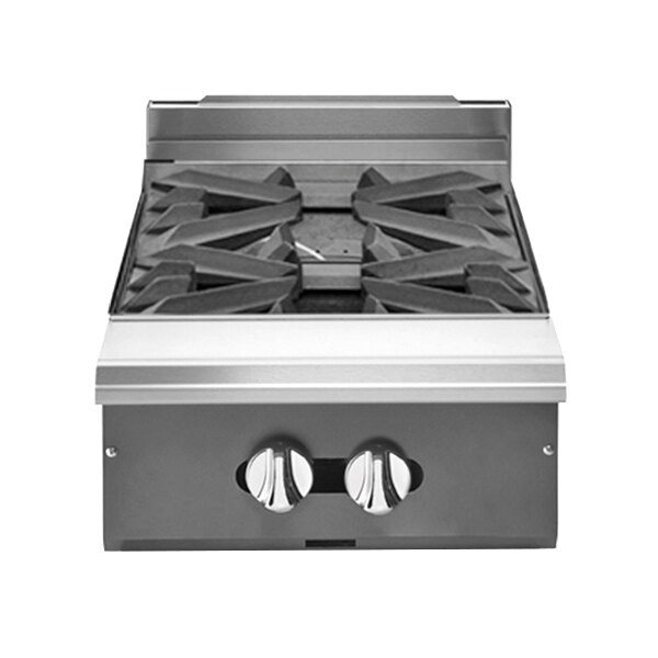 A black and white Vulcan commercial gas range with two burners.