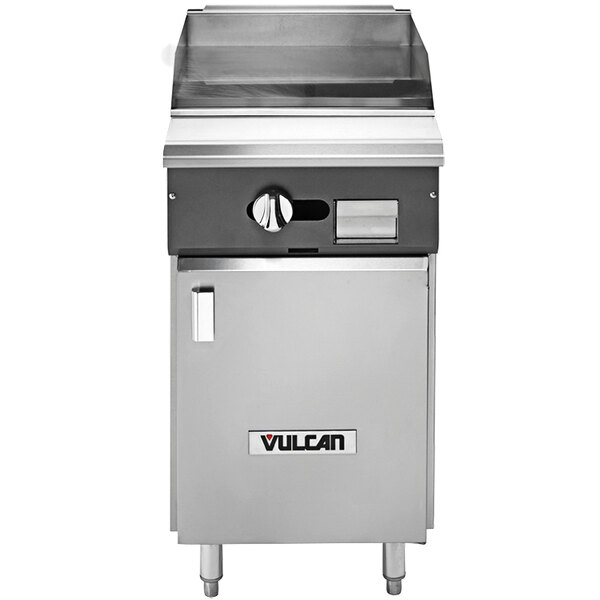 A Vulcan commercial gas range with a griddle top over a cabinet base.