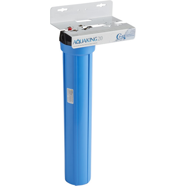 A blue C Pure water filter container with a white label.