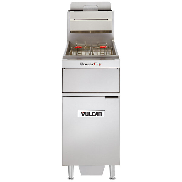 A Vulcan natural gas floor fryer with a drawer.