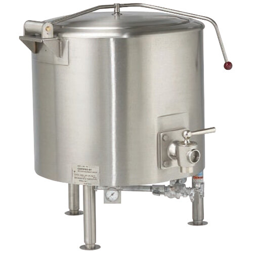 A large stainless steel Vulcan steam kettle with a lid.