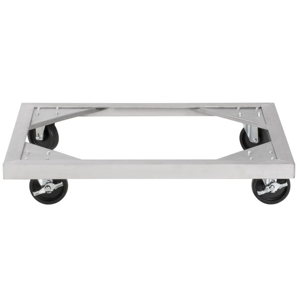 A metal Vulcan dolly frame with black wheels.