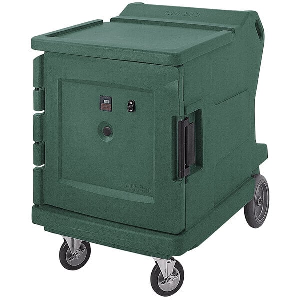 A green plastic Cambro food holding cabinet on wheels.