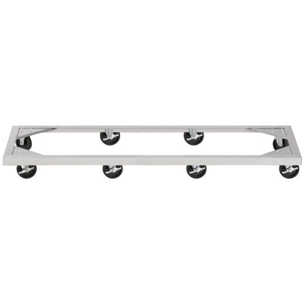 A silver metal Vulcan dolly frame with black wheels.