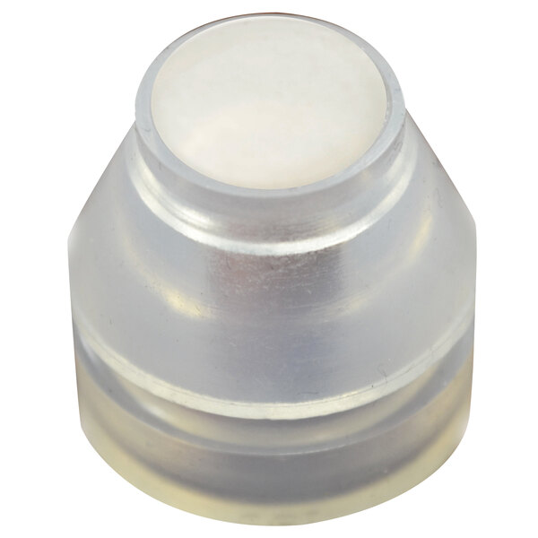A clear plastic conical blind bushing with a white cap.