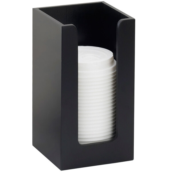A black Cal-Mil bamboo countertop cup and lid organizer with white cups and lids inside.