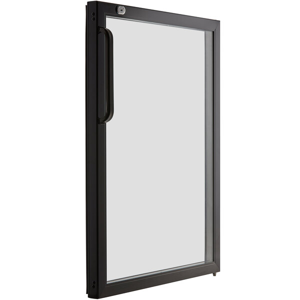An Avantco black glass door with a white frame.