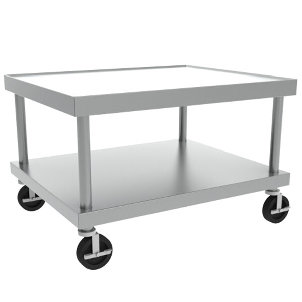 A Vulcan stainless steel metal cart with wheels.