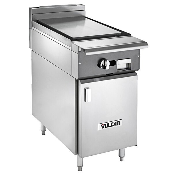 A Vulcan V1P18B-LP stainless steel plancha range on a stainless steel cabinet base.