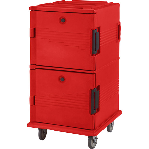 A red Cambro insulated food pan storage cart with heavy-duty casters.