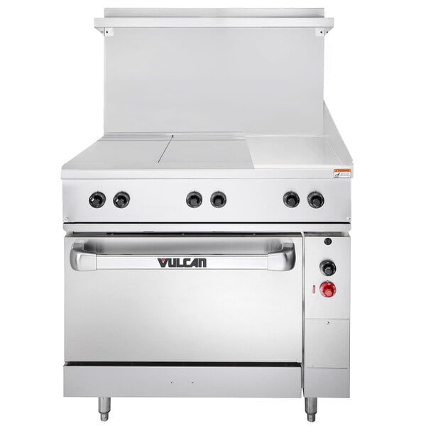 A large stainless steel Vulcan electric range with 2 hot tops, a griddle, and an oven.