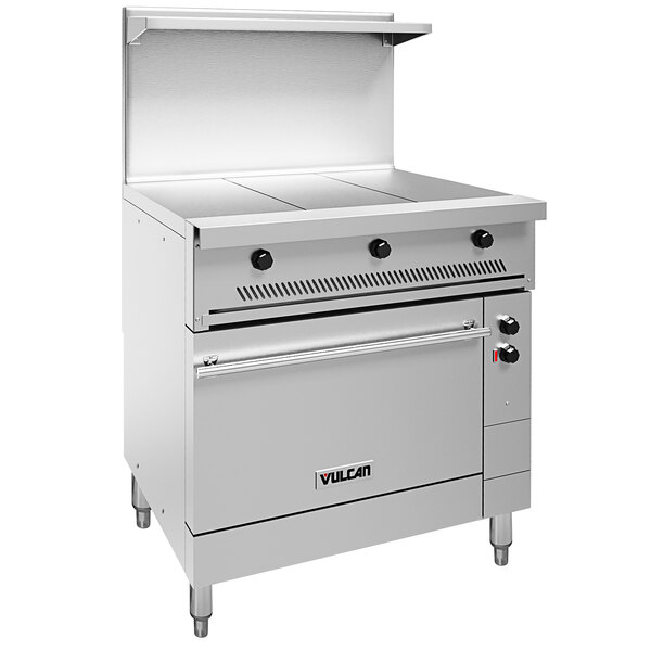 A large stainless steel Vulcan commercial electric range with 3 hot tops and oven base.