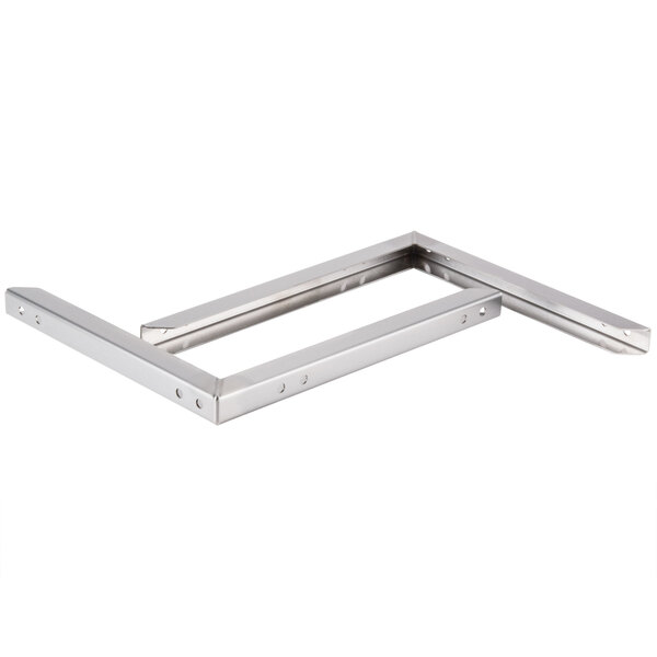 A stainless steel rectangular metal frame with holes and two metal bars.
