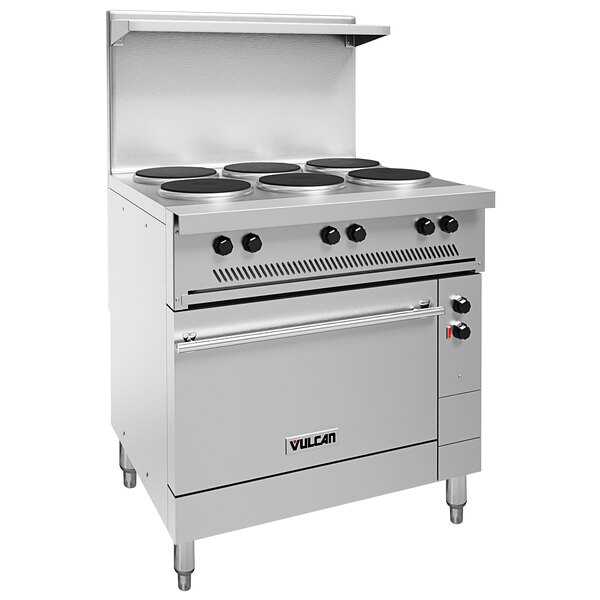 A large stainless steel Vulcan commercial electric range with 6 French plates and an oven base.
