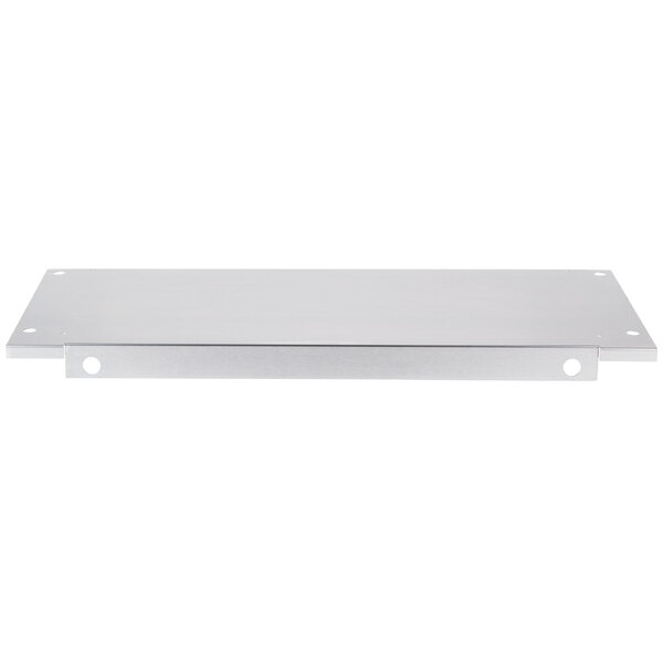 A stainless steel rectangular shelf with holes.