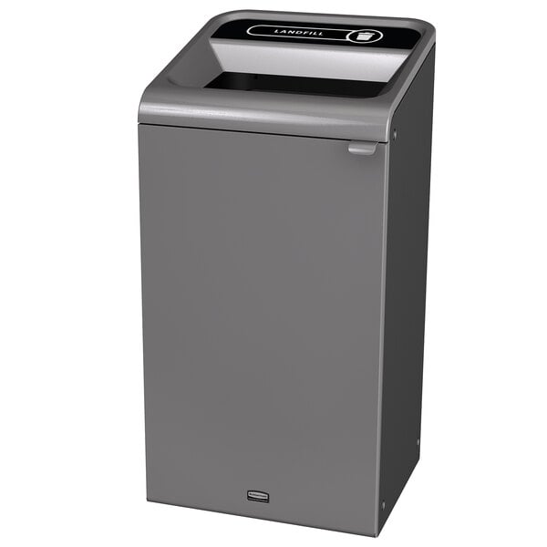 A gray rectangular Rubbermaid Stenni waste container with a lid.