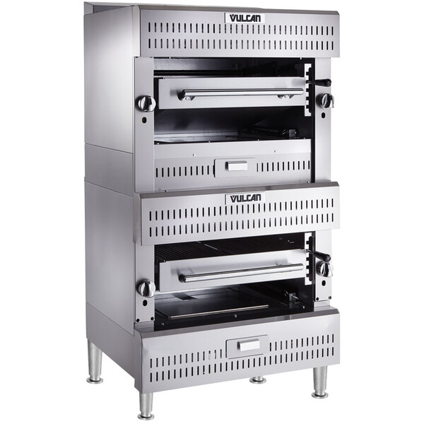 A large stainless steel Vulcan double upright broiler.