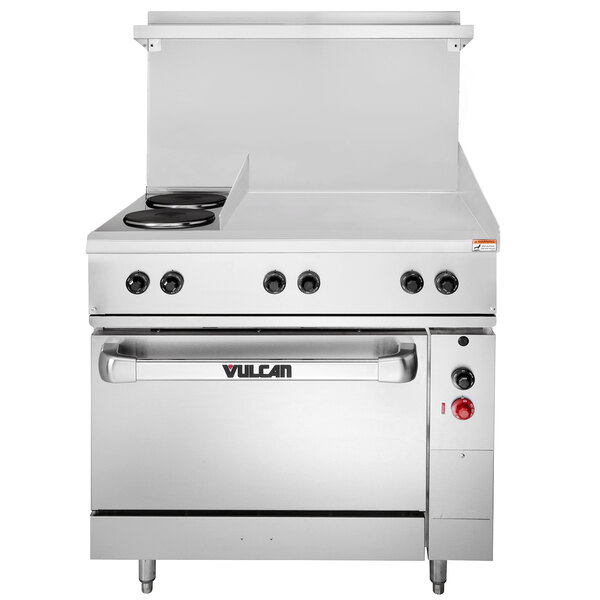 A large stainless steel Vulcan commercial electric range with 2 French plates, a griddle, and an oven.