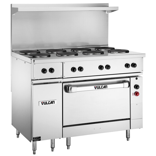 A large stainless steel Vulcan electric range with 8 French plates and an oven.