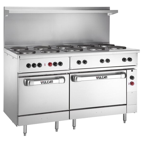 A large stainless steel Vulcan commercial electric range with double ovens.