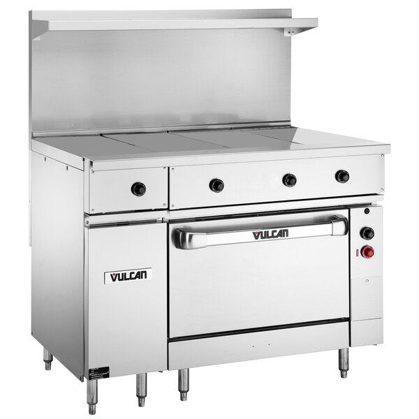 A large stainless steel Vulcan electric range with hot tops and an oven.