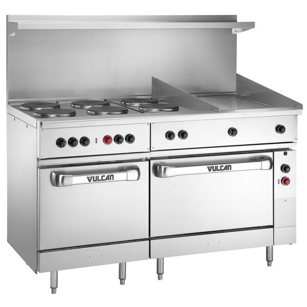 A Vulcan stainless steel commercial electric range with two ovens and six French plates.