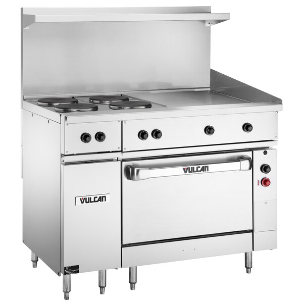 A large stainless steel Vulcan commercial electric range with French plates, a griddle, and an oven.