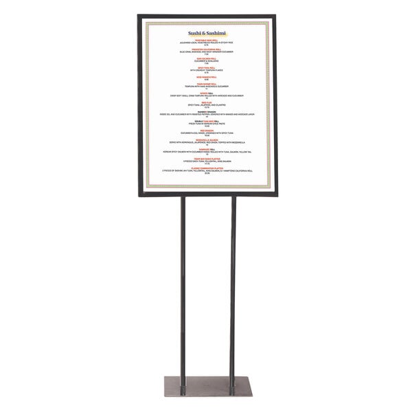 A black rectangular Aarco freestanding sign holder with a menu on it.