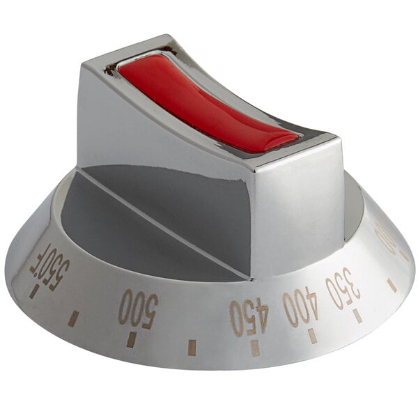 A silver dial with a red handle.
