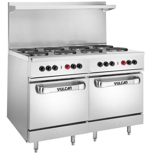 A Vulcan stainless steel commercial electric range with 8 French plates and 2 ovens.