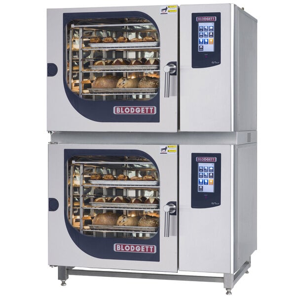 A Blodgett double electric combi oven with food in both ovens.