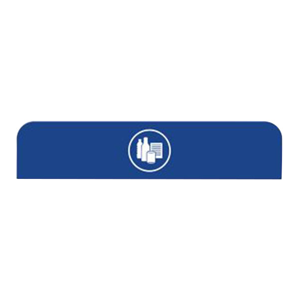 A blue rectangular Rubbermaid sign with white recycling icons inside a blue circle.