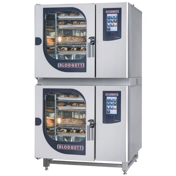 A Blodgett double boilerless electric combi oven with two large ovens with food inside.