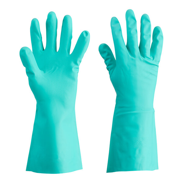 A pair of green Cordova nitrile gloves with flock lining on a white background.