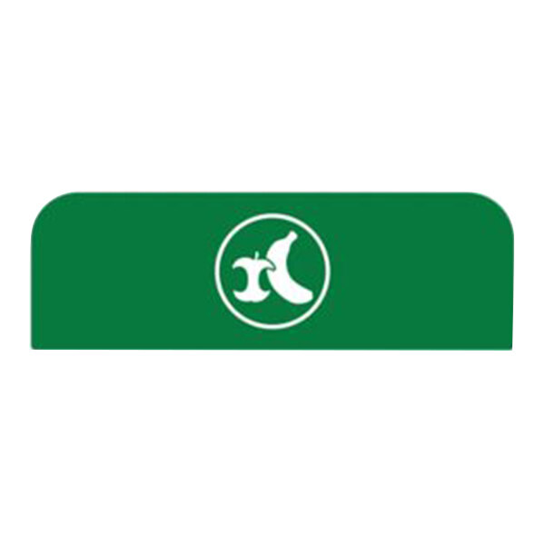 A green and white rectangular logo with a white circle that includes a banana and apple.