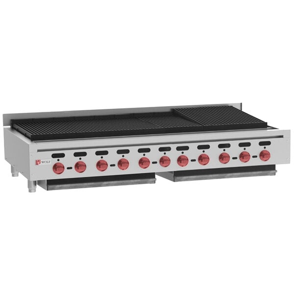 A Wolf natural gas countertop charbroiler with red and black accents.