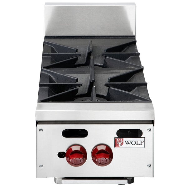 A Wolf stainless steel liquid propane countertop range with two burners.