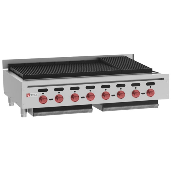 A Wolf by Vulcan natural gas countertop charbroiler with four burners.