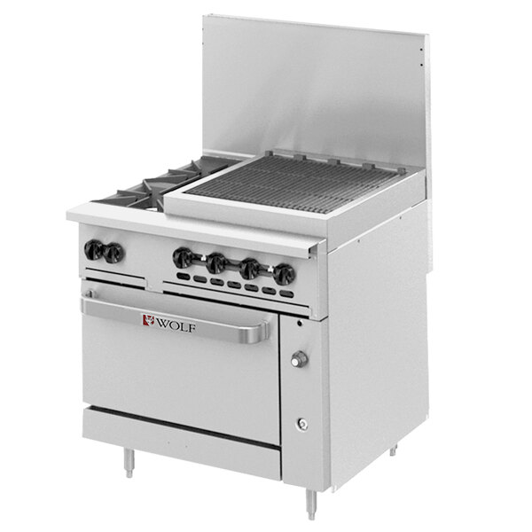A stainless steel Wolf commercial range with 2 burners, a grill, and a lid.