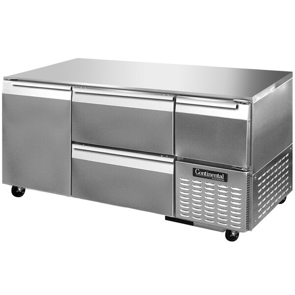 A Continental Refrigerator stainless steel undercounter freezer with two drawers and one half door.