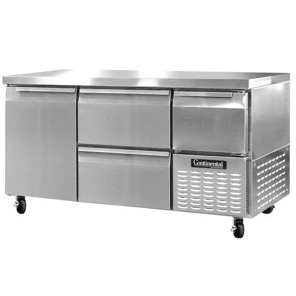 A stainless steel Continental undercounter freezer with 2 drawers and 1 door.