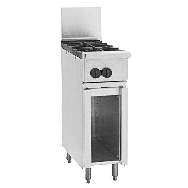A stainless steel Wolf Challenger XL natural gas range with a white cabinet and black knobs.