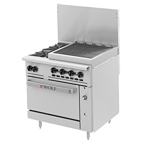 A white Wolf commercial gas range with 2 burners, a charbroiler, and a convection oven.