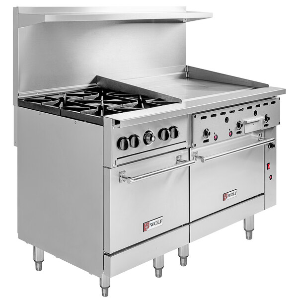 A large stainless steel Wolf Challenger XL series commercial range with 4 burners, a griddle, and 2 ovens.
