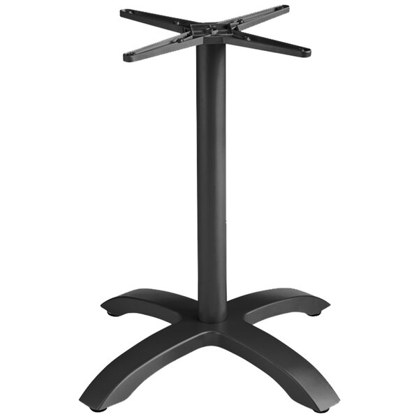 A black Grosfillex aluminum table base with a round pedestal and four legs.