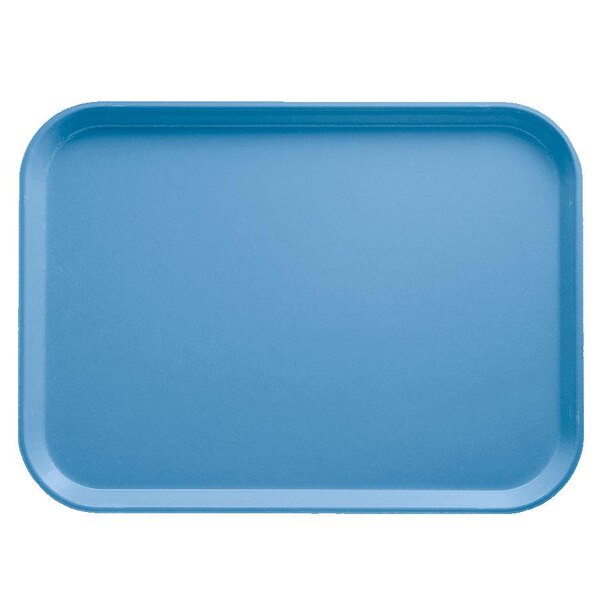 A blue rectangular Cambro serving tray with a white border.