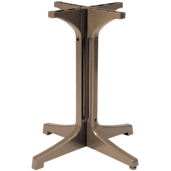 A taupe resin Grosfillex table base with four legs.