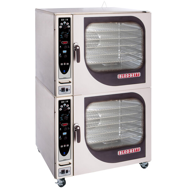 A Blodgett liquid propane double boilerless combi oven with manual controls and two glass doors.