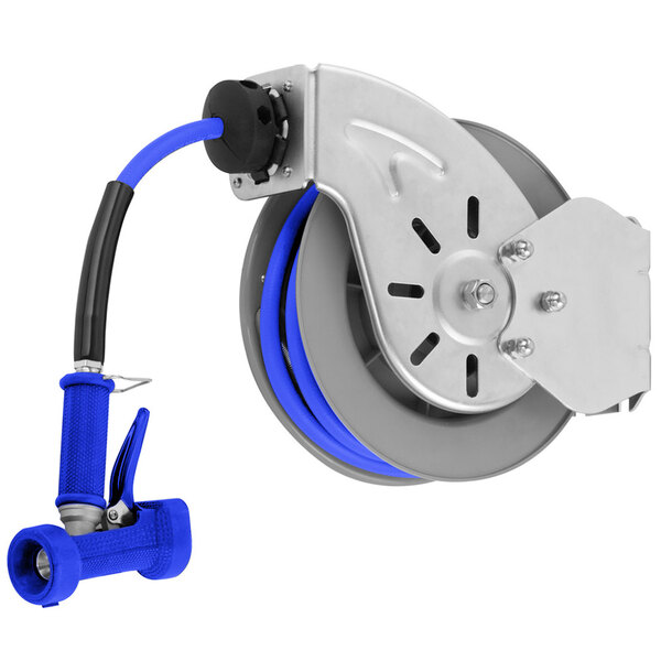 A T&S stainless steel hose reel with blue accents and a blue hose attached.